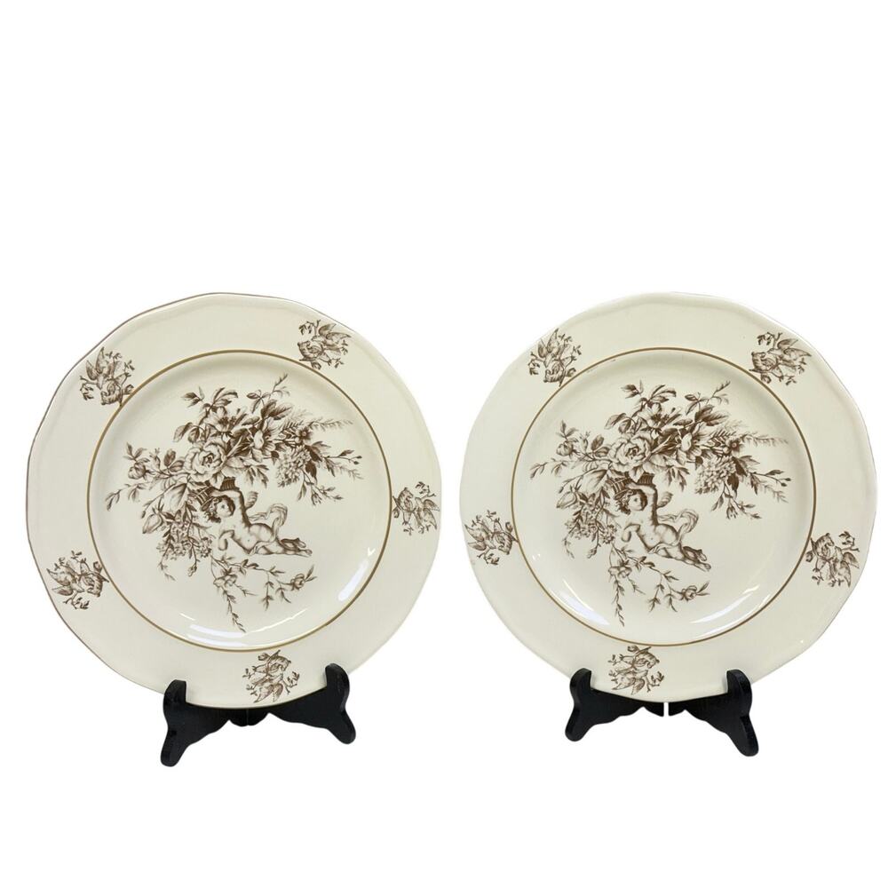 Claire Wilson 'Heaven' Brown/Ivory Cherub Doves Flowers 10.5" Dinner Plates-2